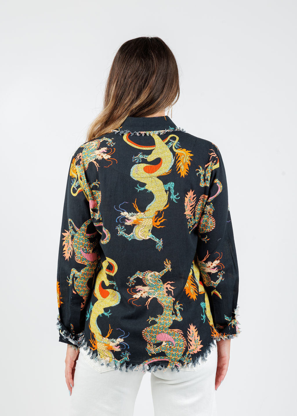 Dizzy-Lizzie Cape Cod Frayed Shirt in Black Dragon print available at Barbara Katz