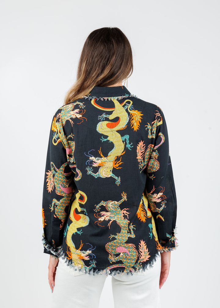 Dizzy-Lizzie Cape Cod Frayed Shirt in Black Dragon print available at Barbara Katz