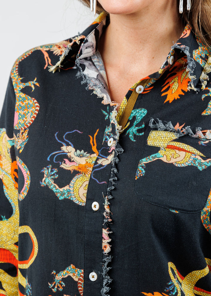 Dizzy-Lizzie Cape Cod Frayed Shirt in Black Dragon print available at Barbara Katz