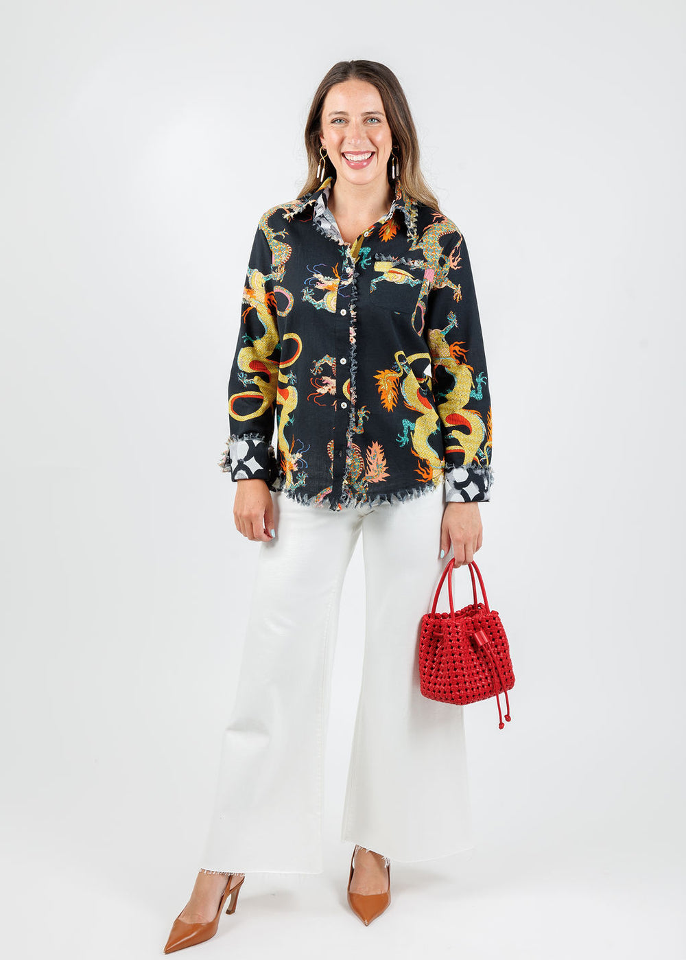 Dizzy-Lizzie Cape Cod Frayed Shirt in Black Dragon print paired with Frame Le Palazzo Crop Jeans in Au Natural Clean Raw After, Remi/Reid Perrie Mini Bucket Bag in Red available at Barbara Katz