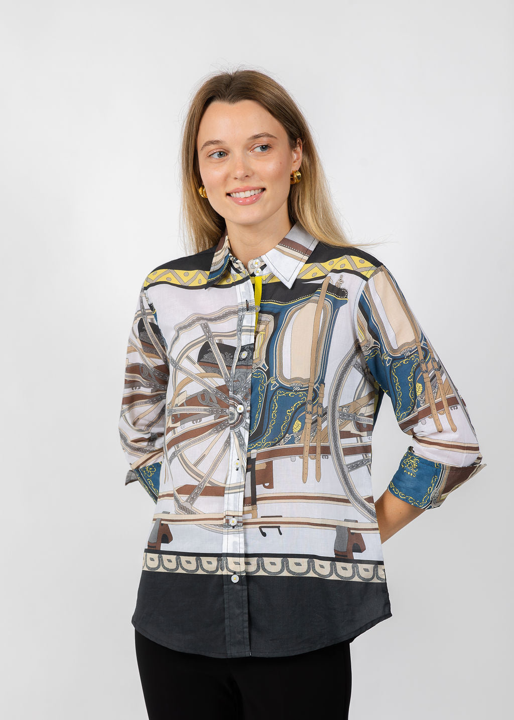 Dizzy-Lizzie Rome 3/4 Sleeve Shirt in Wagon Wheel Print available at Barbara Katz