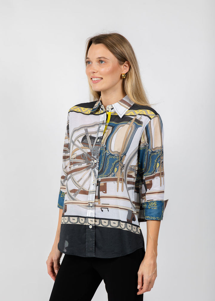 Dizzy-Lizzie Rome 3/4 Sleeve Shirt in Wagon Wheel Print available at Barbara Katz