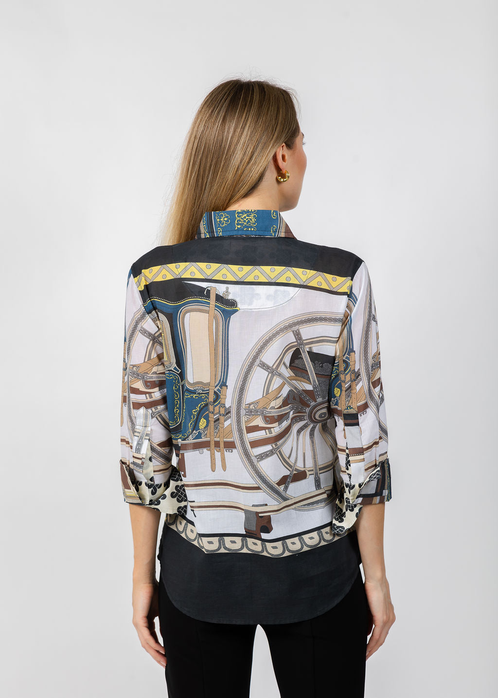 Dizzy-Lizzie Rome 3/4 Sleeve Shirt in Wagon Wheel Print available at Barbara Katz