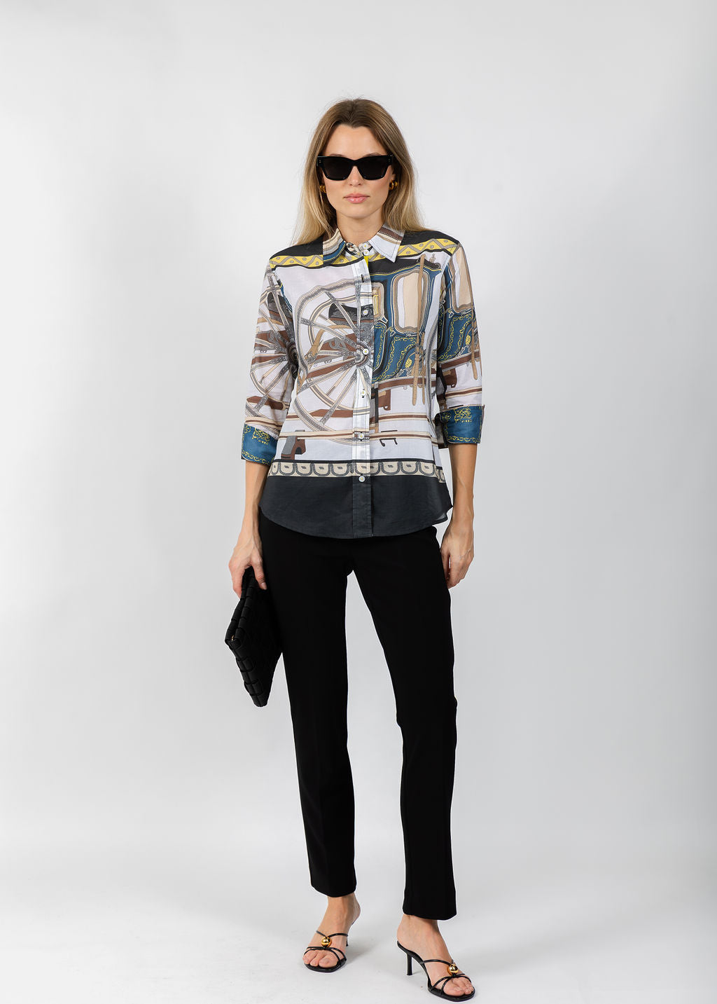 Dizzy-Lizzie Rome 3/4 Sleeve Shirt in Wagon Wheel Print available at Barbara Katz