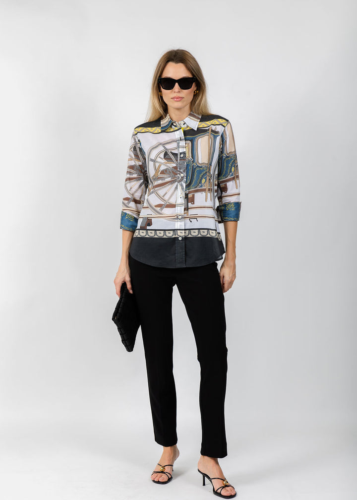 Dizzy-Lizzie Rome 3/4 Sleeve Shirt in Wagon Wheel Print available at Barbara Katz