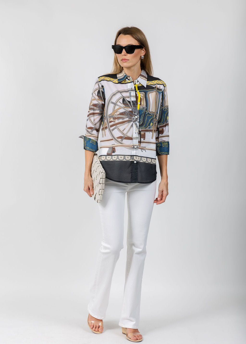 Dizzy-Lizzie Rome 3/4 Sleeve Shirt in Wagon Wheel Print available at Barbara Katz
