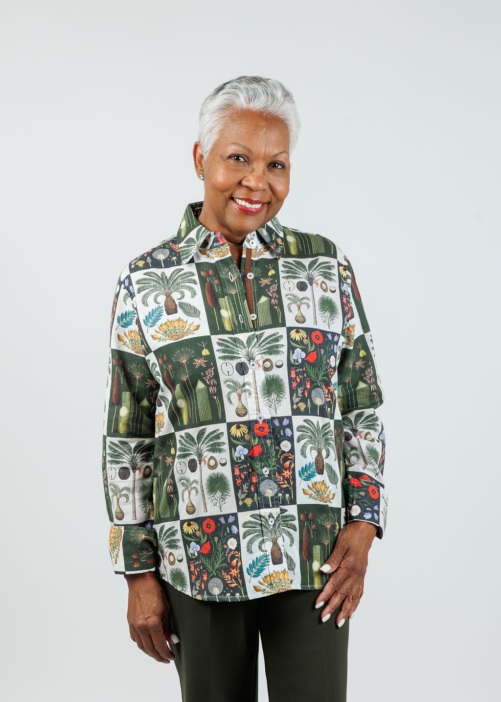 Dizzy-Lizzie Rome Shirt - Patchwork Botanical Print available at Barbara Katz