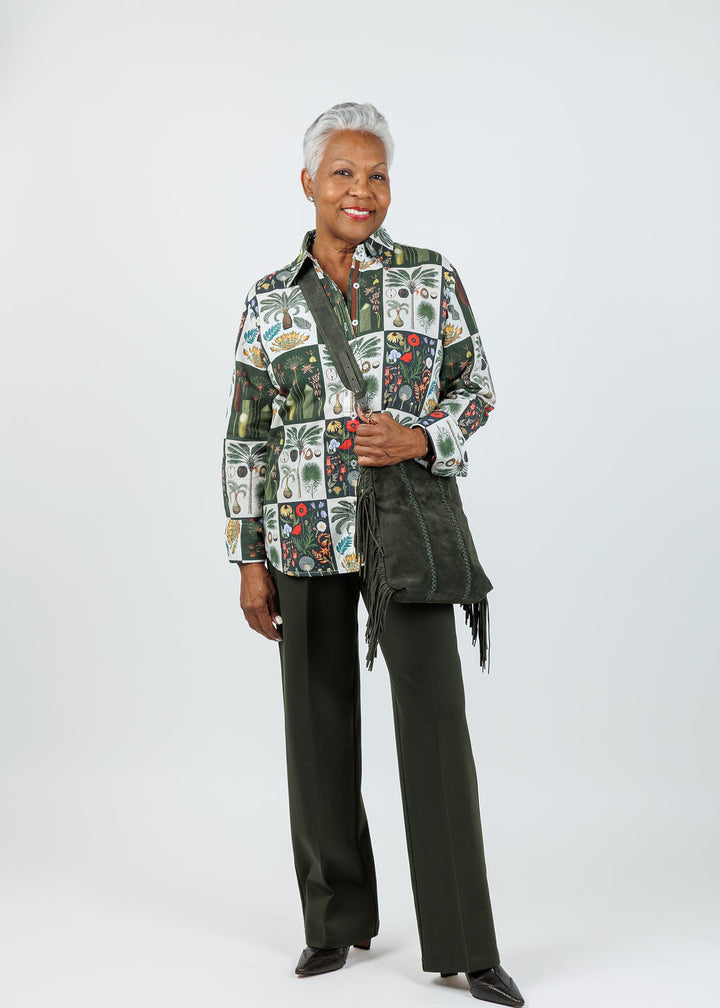 Dizzy-Lizzie Rome Shirt - Patchwork Botanical Print paired with Peace of Cloth Jules Paramount Knit Pants in Olive available at Barbara Katz