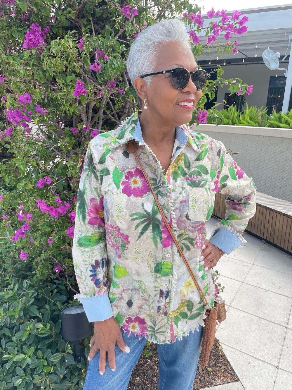 Dizzy-Lizzie Cape Cod Frayed Shirt in Botanical Print S730 available at Barbara Katz