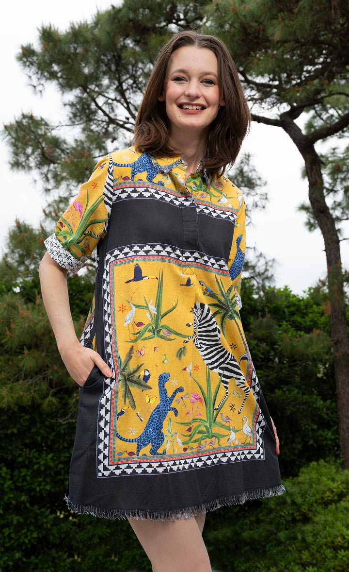 Dizzy-Lizzie Chatham Dress - Mustard Animal available at Barbara Katz