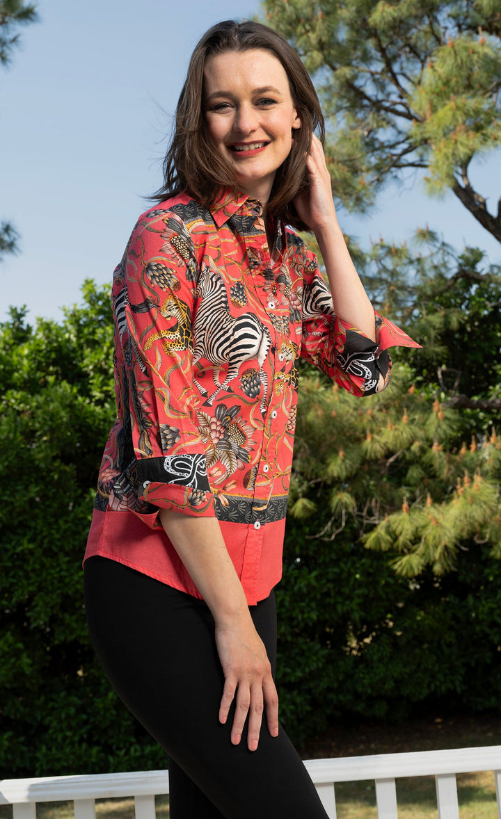Dizzy-Lizzie Rome 3/4 Sleeve Shirt - Red Zebra available at Barbara Katz