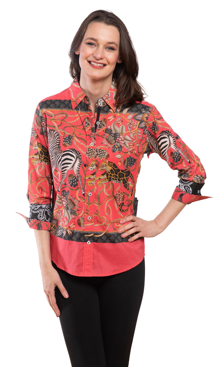 Dizzy-Lizzie Rome 3/4 Sleeve Shirt - Red Zebra available at Barbara Katz