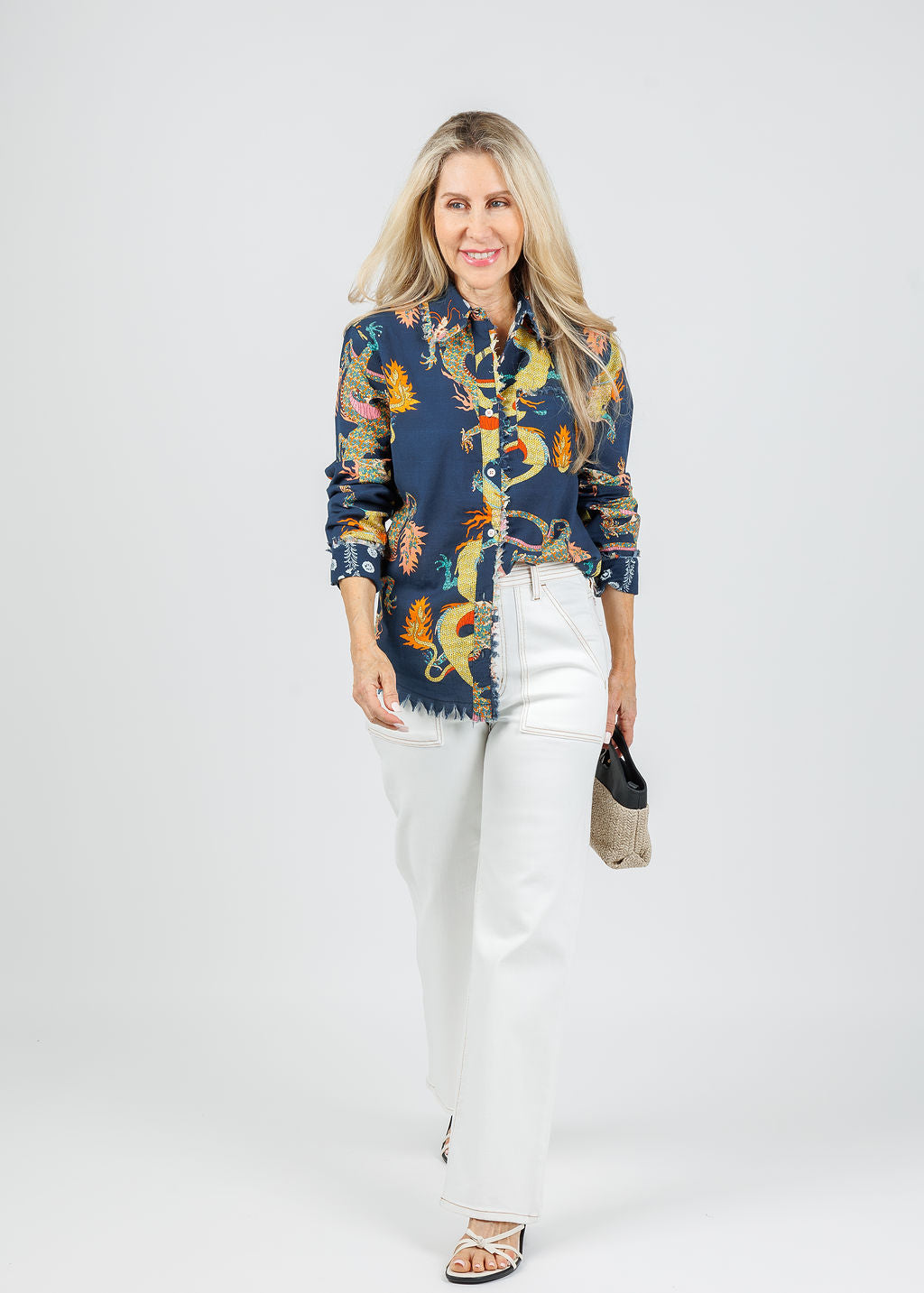 Dizzy-Lizzie Cape Cod Frayed Shirt in Navy Dragon paired with Frame The Trapunto Straight Denim Trouser in Au Natural Clean available at Barbara Katz