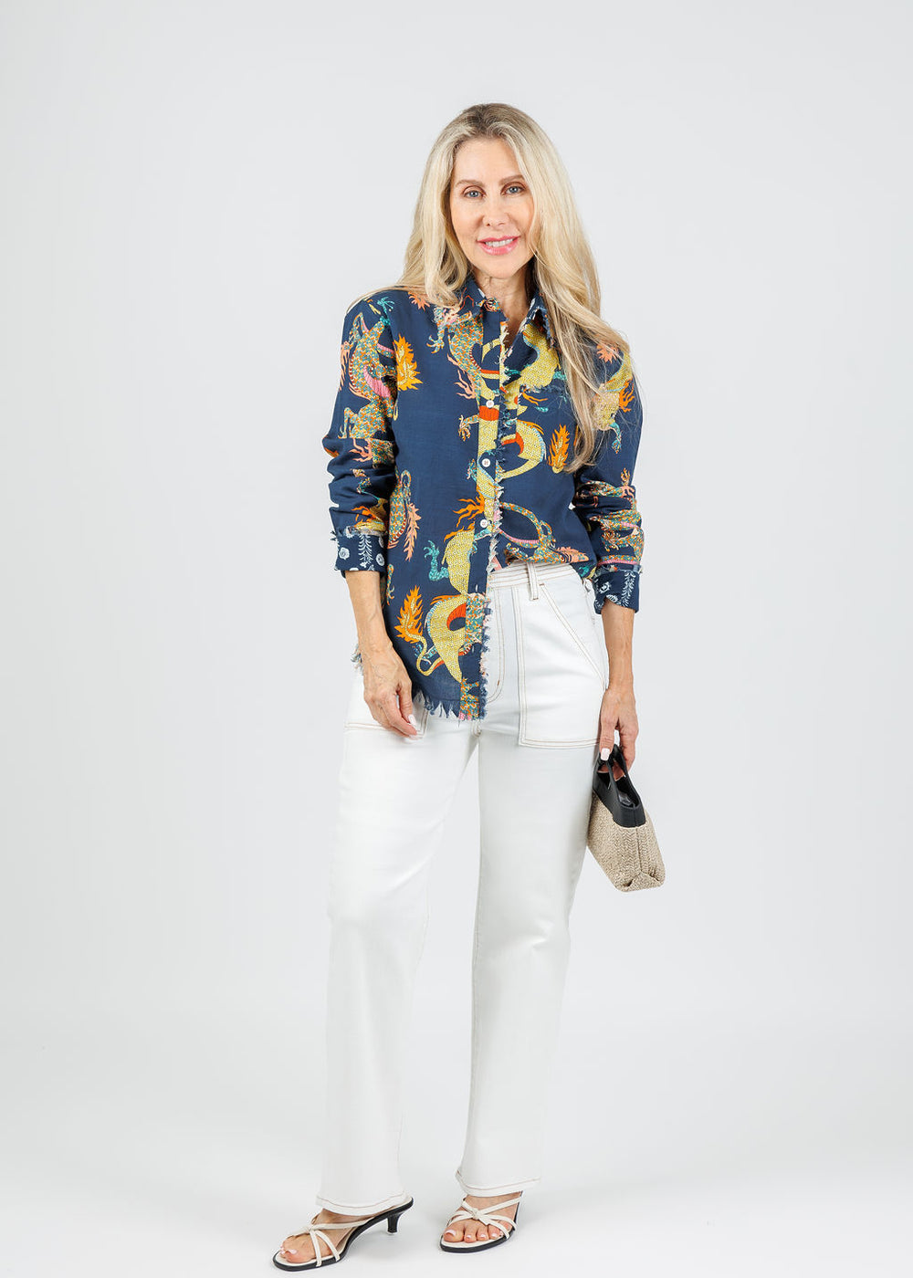 Dizzy-Lizzie Cape Cod Frayed Shirt in Navy Dragon paired with Frame The Trapunto Straight Denim Trouser in Au Natural Clean available at Barbara Katz