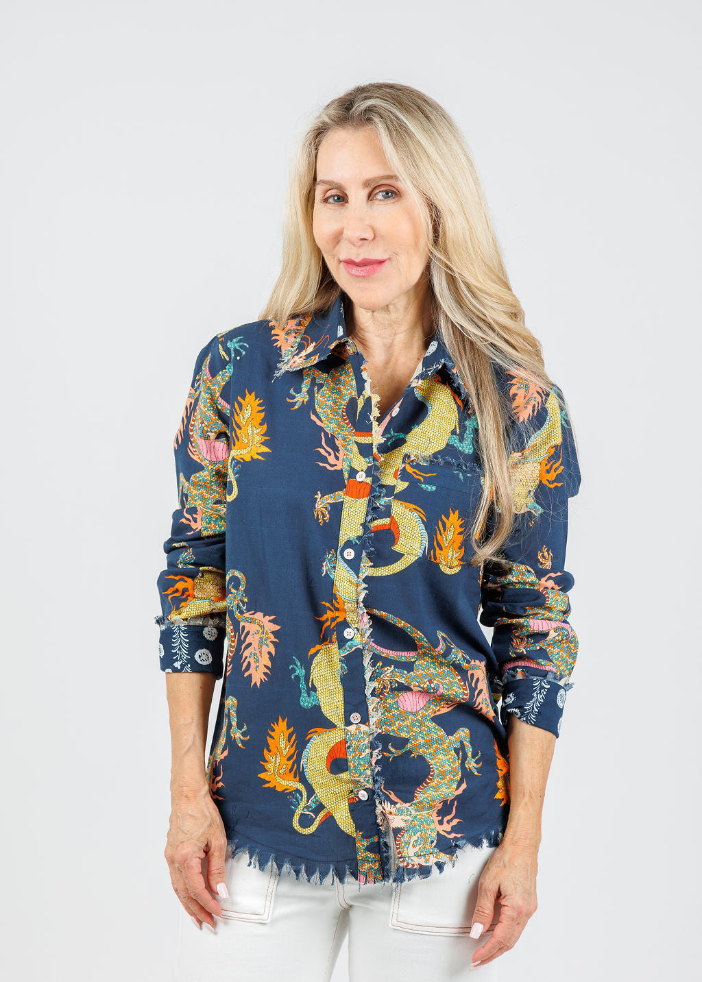Dizzy-Lizzie Cape Cod Frayed Shirt in Navy Dragon available at Barbara Katz