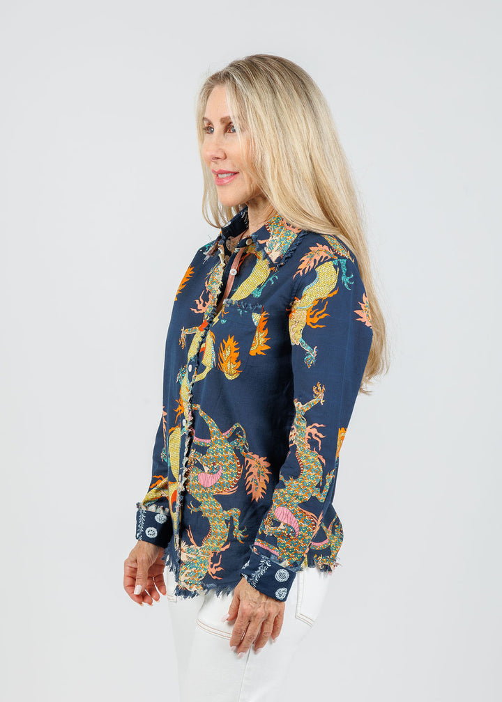 Dizzy-Lizzie Cape Cod Frayed Shirt in Navy Dragon available at Barbara Katz