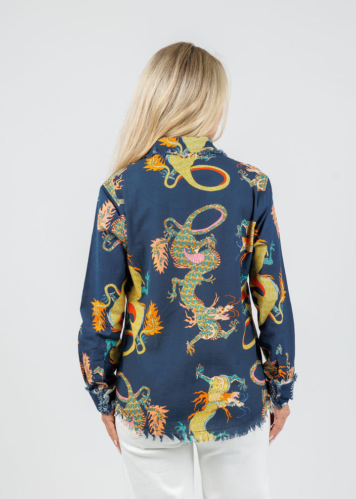 Dizzy-Lizzie Cape Cod Frayed Shirt in Navy Dragon available at Barbara Katz