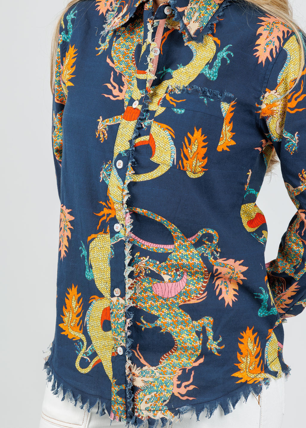 Dizzy-Lizzie Cape Cod Frayed Shirt in Navy Dragon available at Barbara Katz