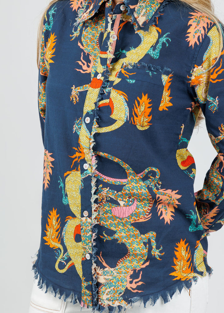 Dizzy-Lizzie Cape Cod Frayed Shirt in Navy Dragon available at Barbara Katz