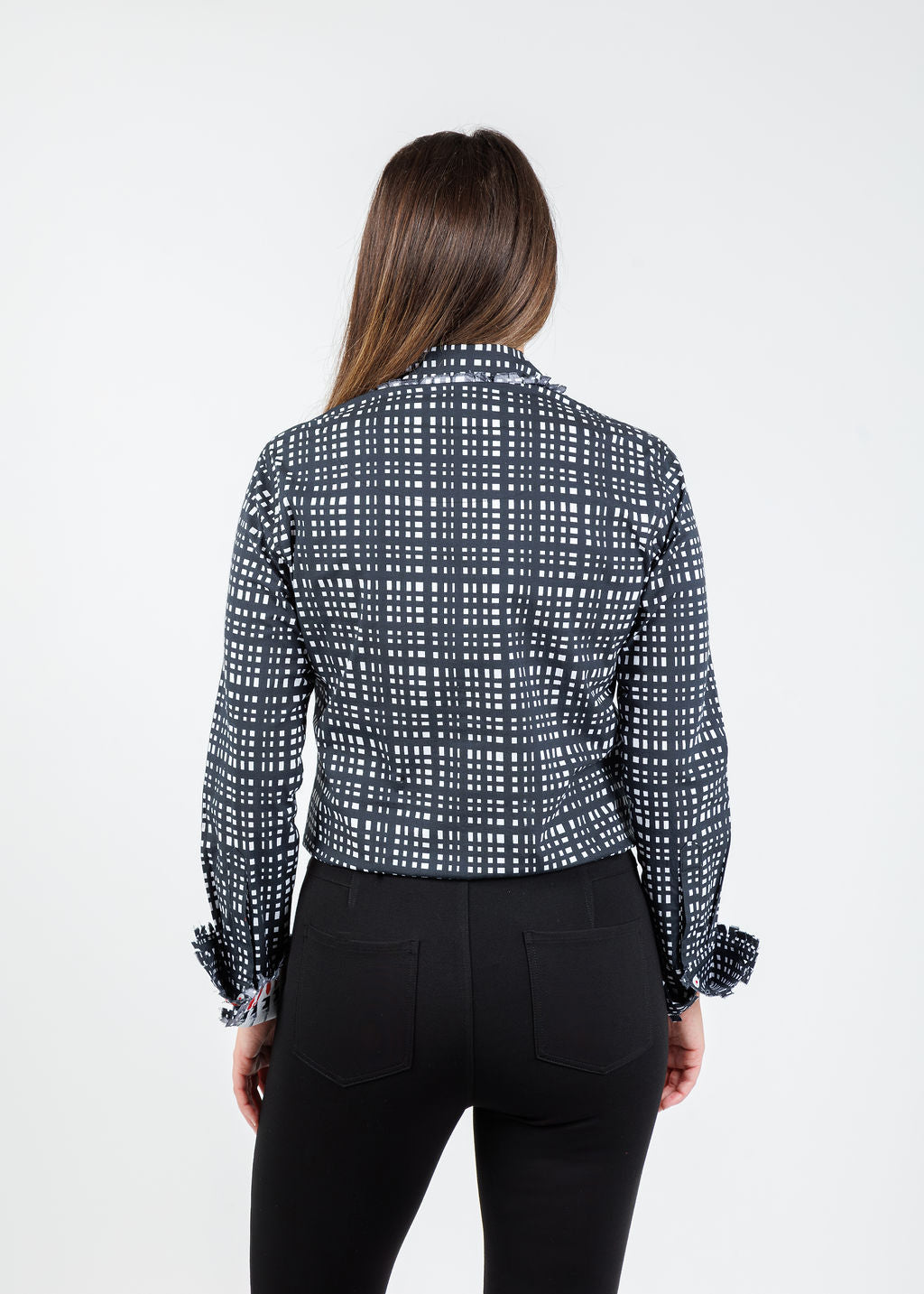Dizzy-Lizzie Cape Cod Cotton/Linen Frayed Shirt in Black White Grid Pattern available at Barbara Katz