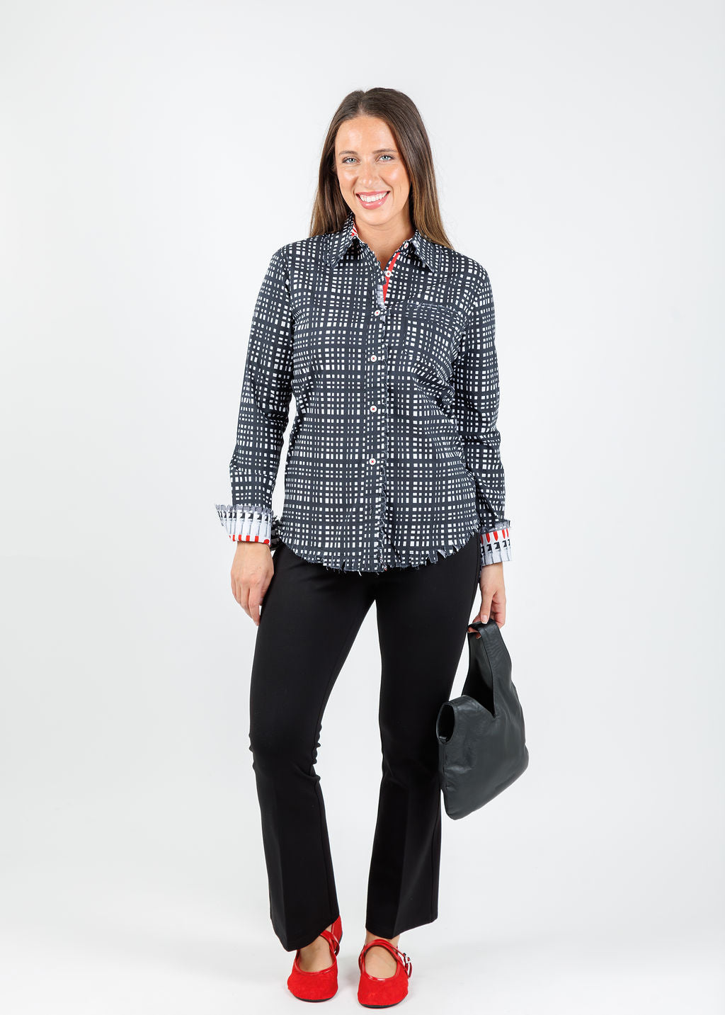 Dizzy-Lizzie Cape Cod Cotton/Linen Frayed Shirt in Black White Grid Pattern  paired with Peace of Cloth Ella Paramount Knit Pants in Black available at Barbara Katz