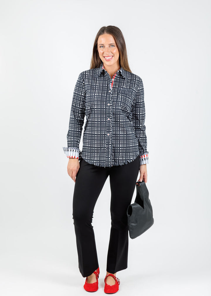 Dizzy-Lizzie Cape Cod Cotton/Linen Frayed Shirt in Black White Grid Pattern  paired with Peace of Cloth Ella Paramount Knit Pants in Black available at Barbara Katz