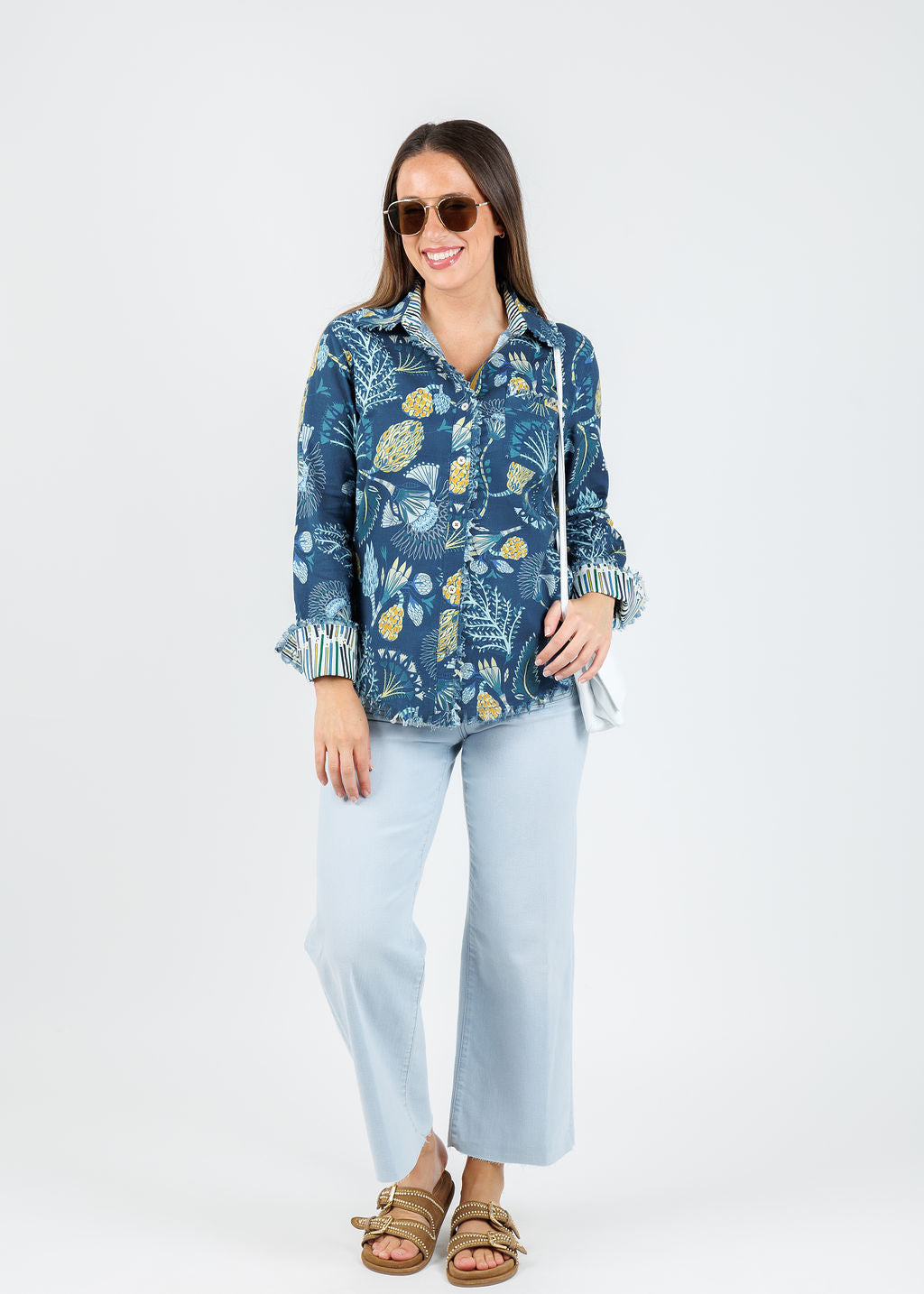 Dizzy-Lizzie Cape Cod Cotton/Linen Frayed Shirt in Blue Underwater Print paired with Frame The Anchor Pants ni Float Raw Fray available at Barbara Katz