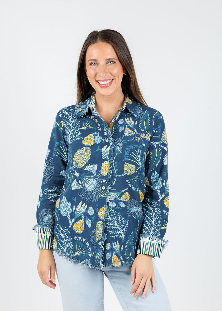 Dizzy-Lizzie Cape Cod Cotton/Linen Frayed Shirt in Blue Underwater Print available at Barbara Katz