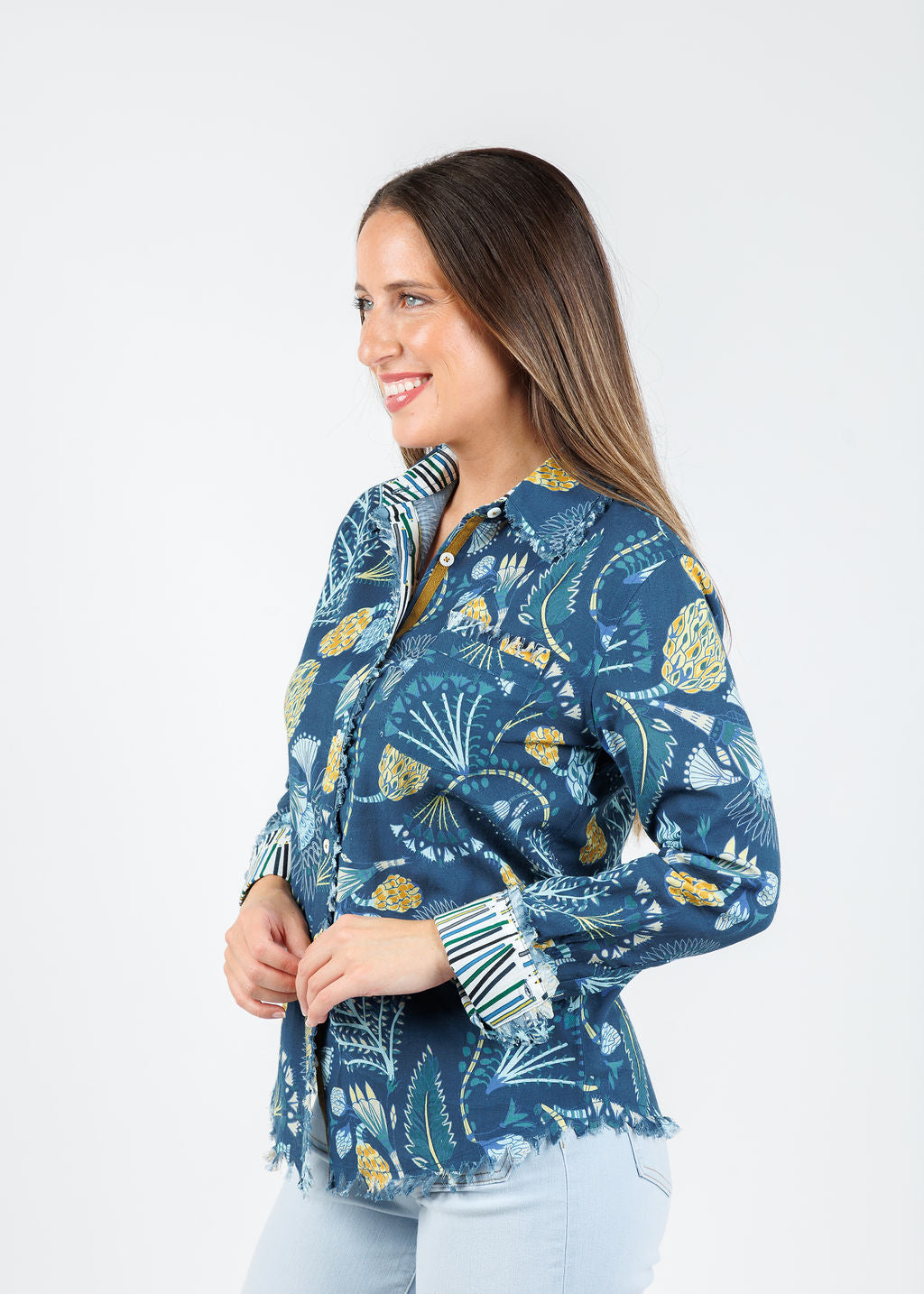 Dizzy-Lizzie Cape Cod Cotton/Linen Frayed Shirt in Blue Underwater Print available at Barbara Katz