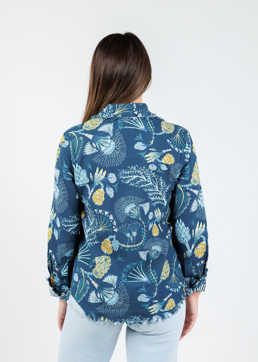Dizzy-Lizzie Cape Cod Cotton/Linen Frayed Shirt in Blue Underwater Print available at Barbara Katz