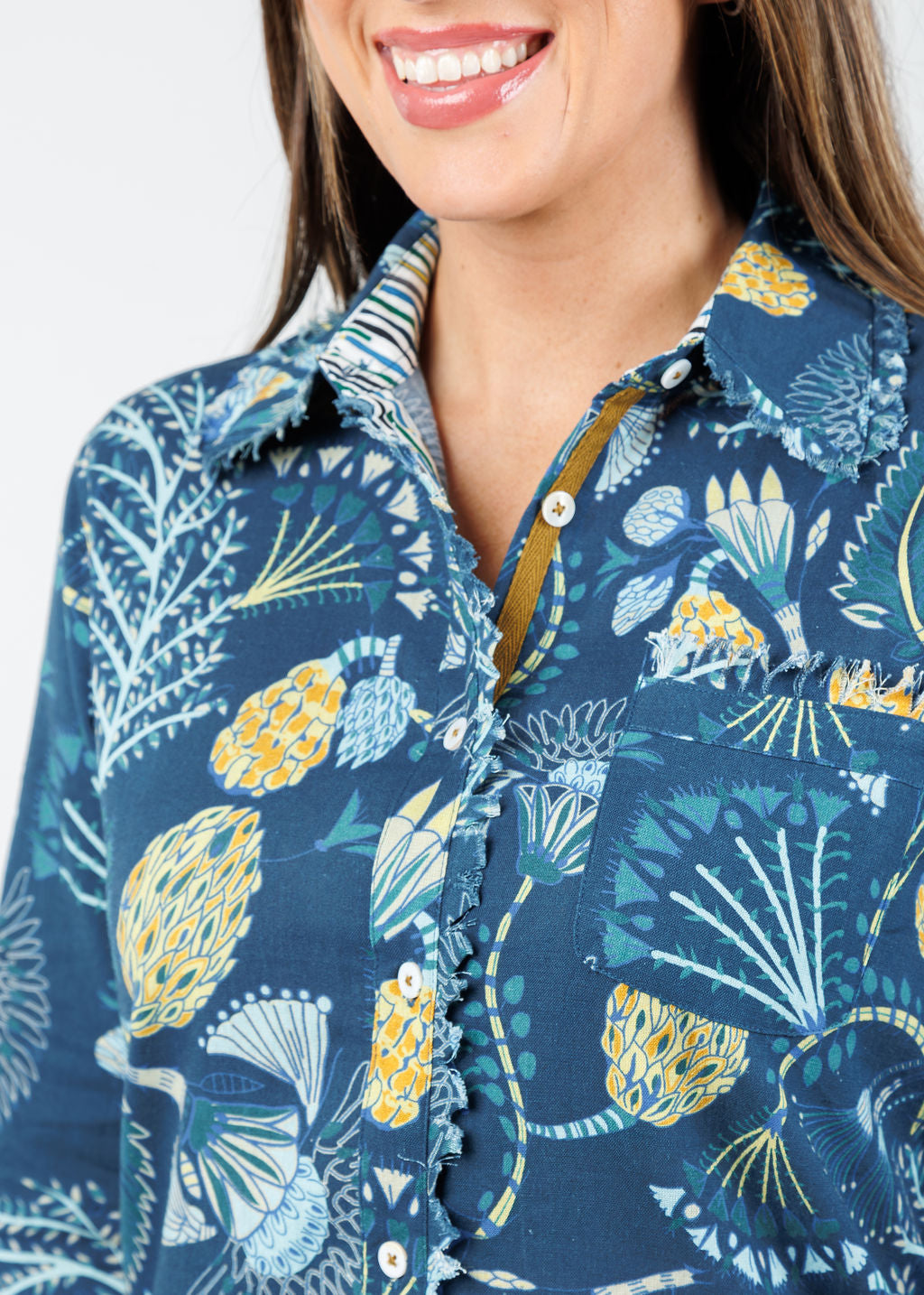 Dizzy-Lizzie Cape Cod Cotton/Linen Frayed Shirt in Blue Underwater Print available at Barbara Katz