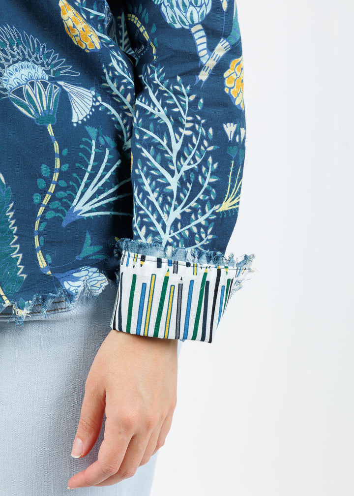 Dizzy-Lizzie Cape Cod Cotton/Linen Frayed Shirt in Blue Underwater Print available at Barbara Katz
