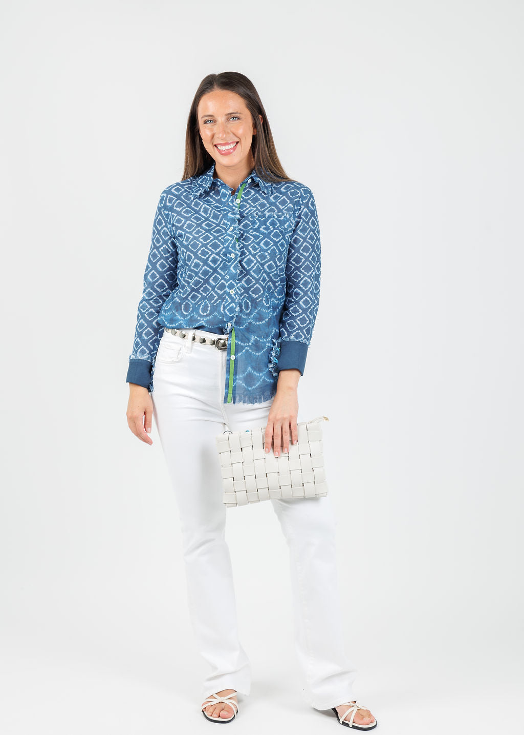 Dizzy-Lizzie Cape Cod Frayed Shirt in Navy White Ikat Print available at Barbara Katz