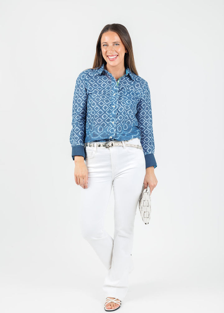 Dizzy-Lizzie Cape Cod Frayed Shirt in Navy White Ikat Print available at Barbara Katz