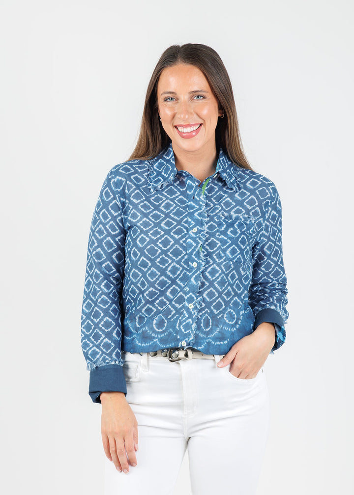 Dizzy-Lizzie Cape Cod Frayed Shirt in Navy White Ikat Print available at Barbara Katz