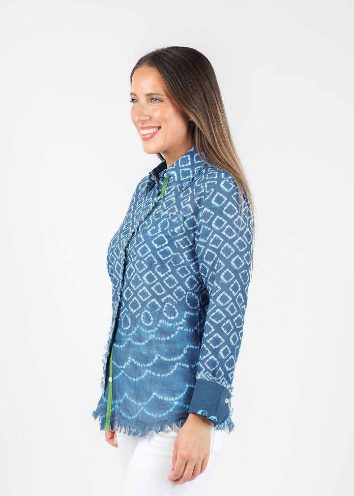 Dizzy-Lizzie Cape Cod Frayed Shirt in Navy White Ikat Print available at Barbara Katz
