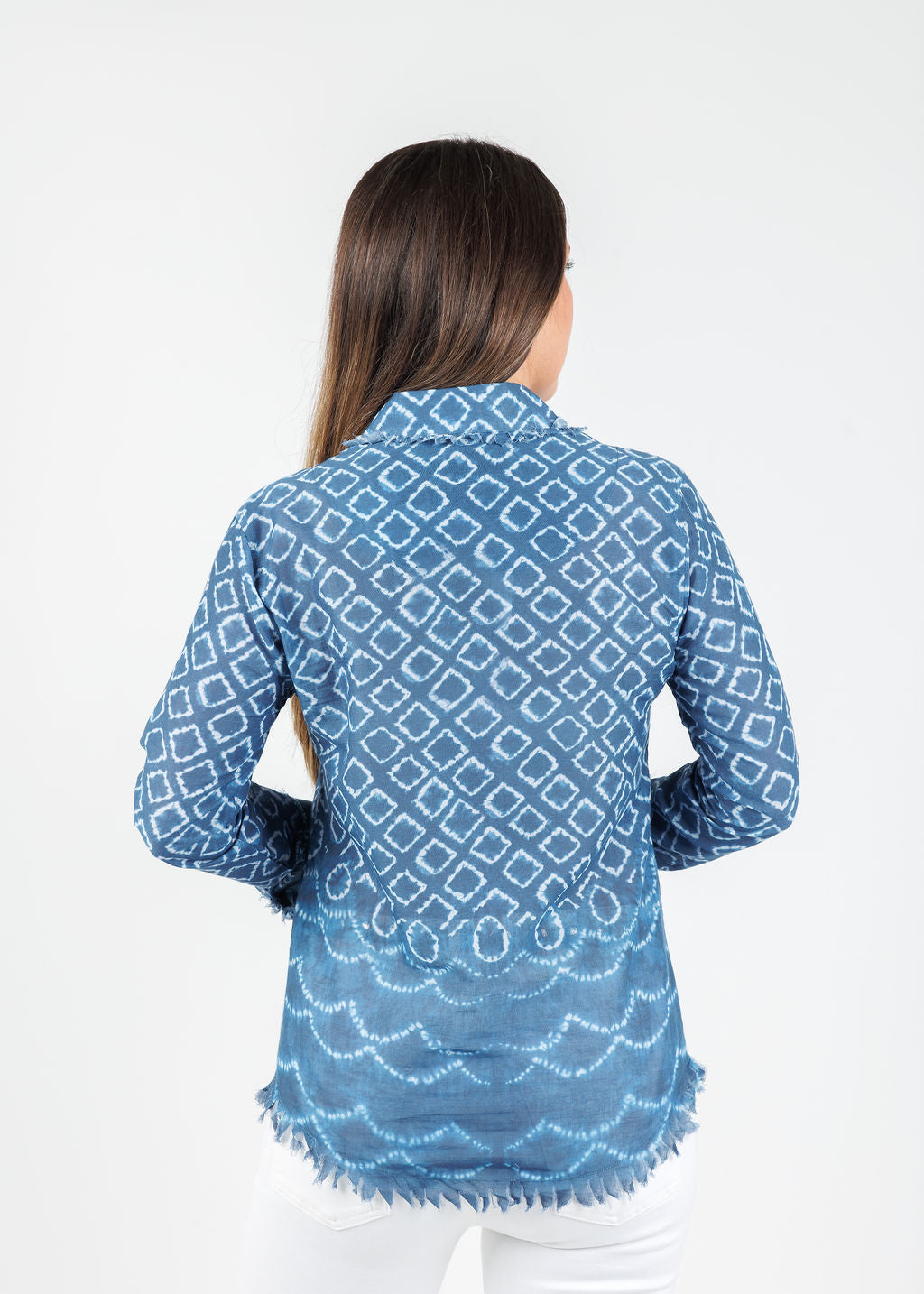 Dizzy-Lizzie Cape Cod Frayed Shirt in Navy White Ikat Print available at Barbara Katz