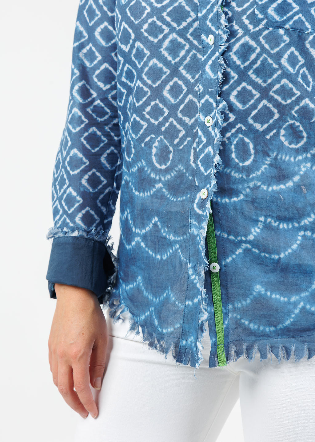 Dizzy-Lizzie Cape Cod Frayed Shirt in Navy White Ikat Print available at Barbara Katz
