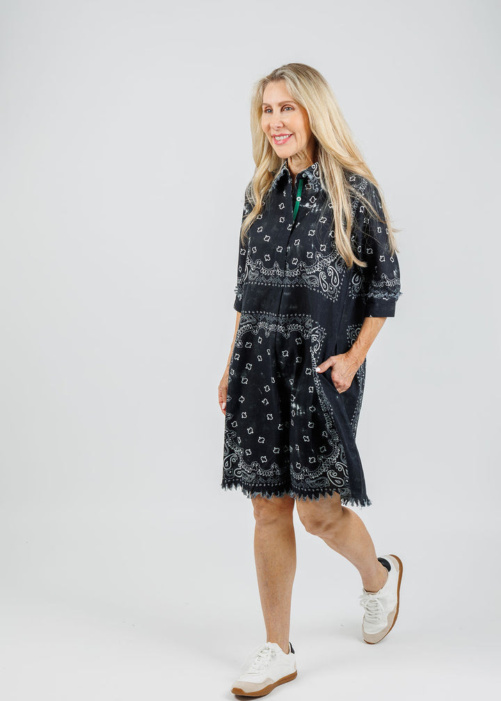 Dizzy-Lizzie Chatham Dress in Black Bandana Print available at Barbara Katz