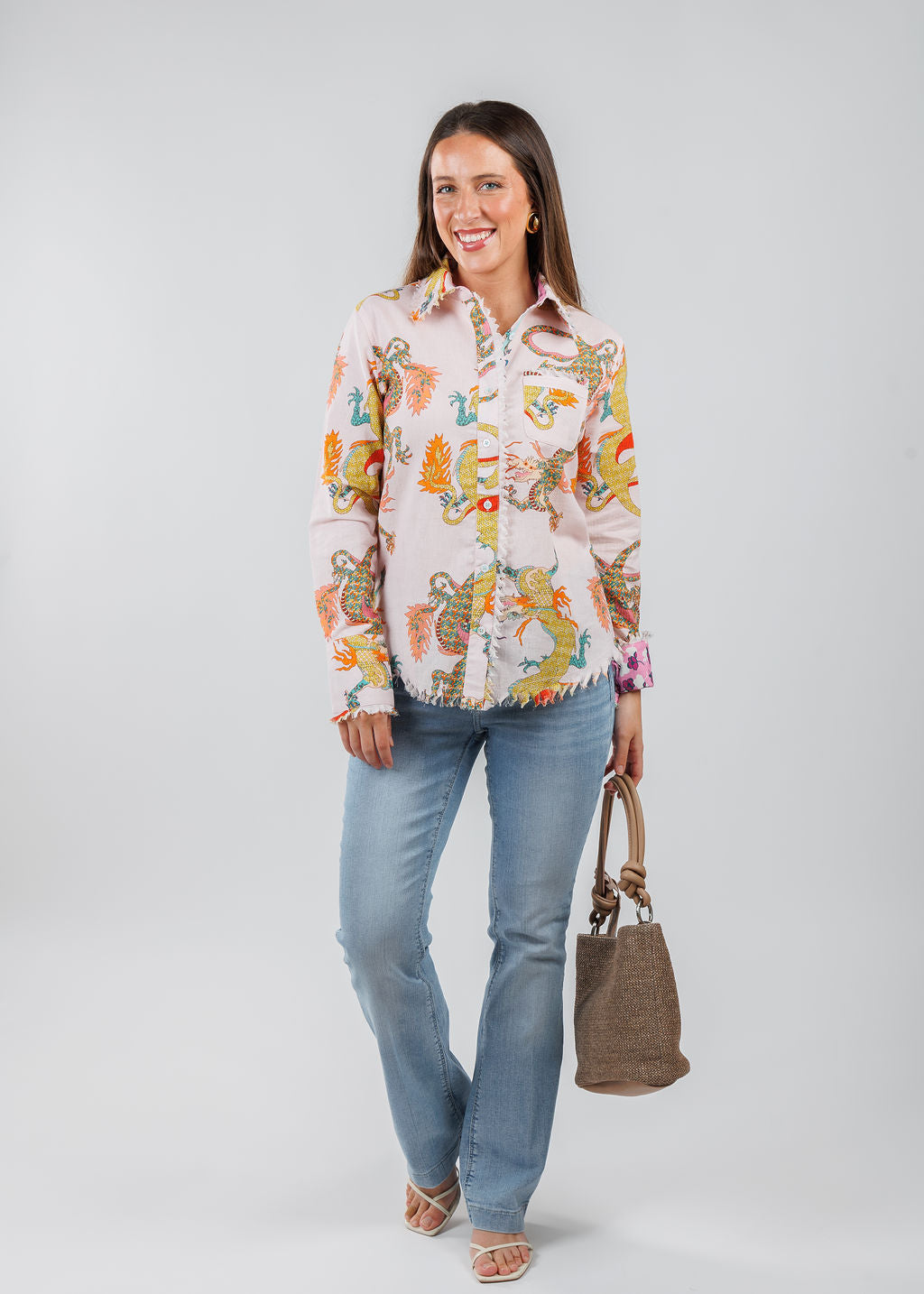 Dizzy-Lizzie Cape Cod Frayed Shirt in Pink Dragon paired with MAC Dream Boot Jeans in Summer Blue Clouds Wash available at Barbara Katz