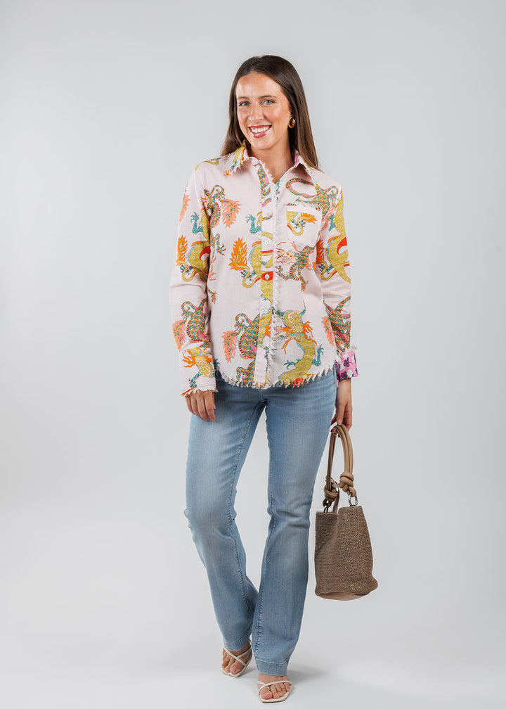 Dizzy-Lizzie Cape Cod Frayed Shirt in Pink Dragon paired with MAC Dream Boot Jeans in Summer Blue Clouds Wash available at Barbara Katz