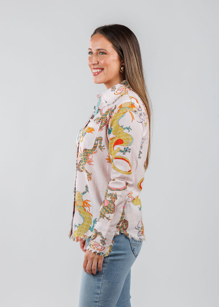 Dizzy-Lizzie Cape Cod Frayed Shirt in Pink Dragon available at Barbara Katz