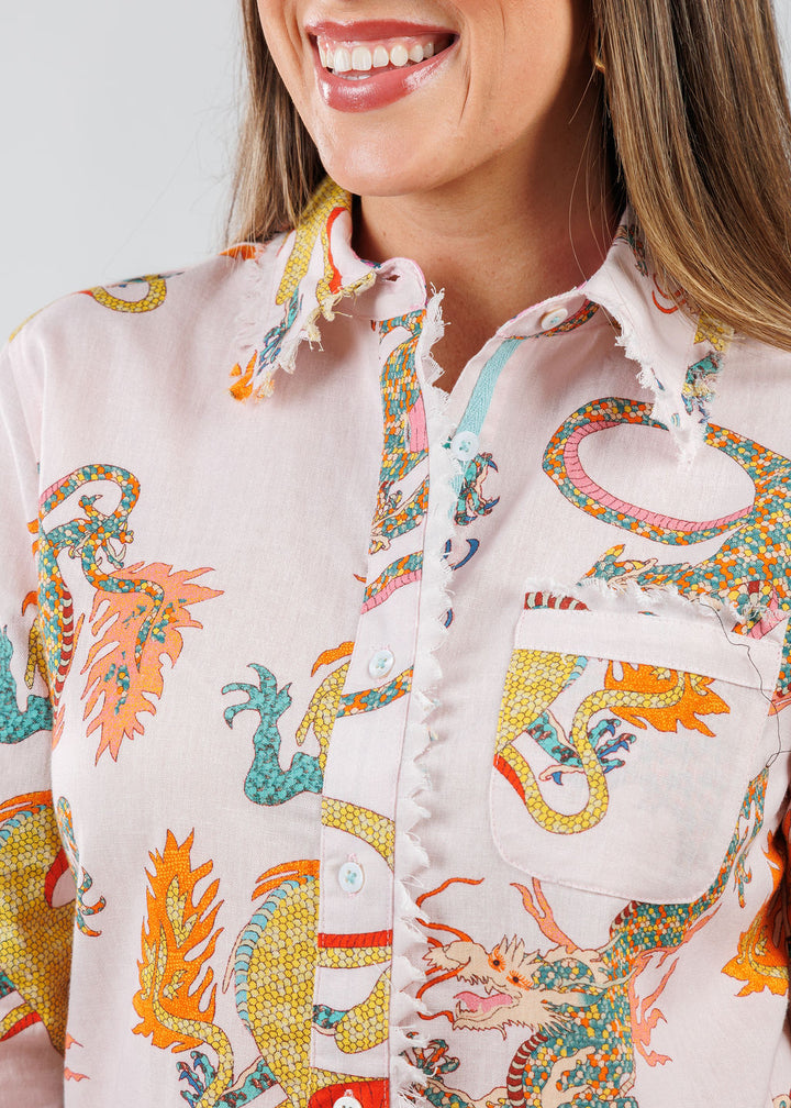 Dizzy-Lizzie Cape Cod Frayed Shirt in Pink Dragon available at Barbara Katz