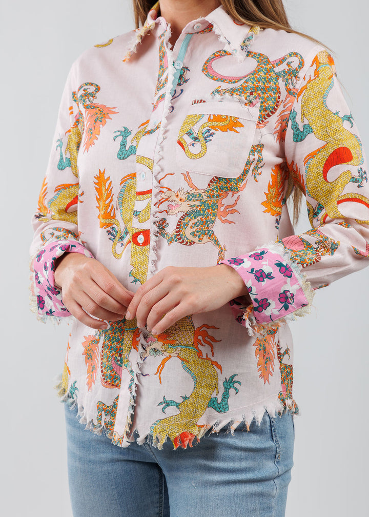 Dizzy-Lizzie Cape Cod Frayed Shirt in Pink Dragon available at Barbara Katz