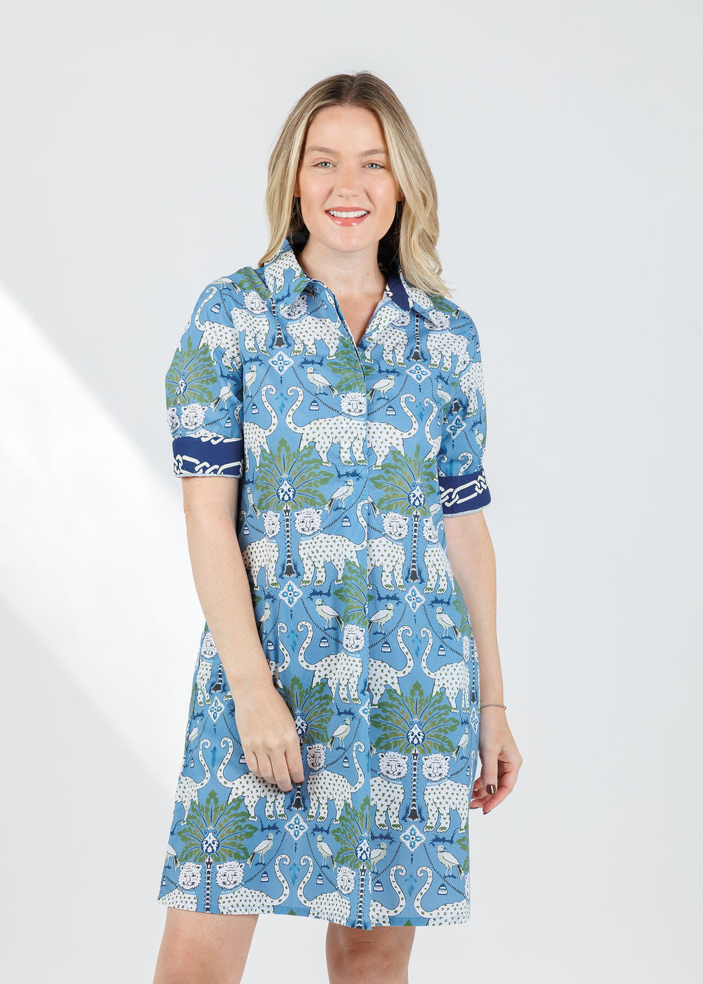 Dizzy-Lizzie Chatham Dress in Blue Animal Print available at Barbara Katz