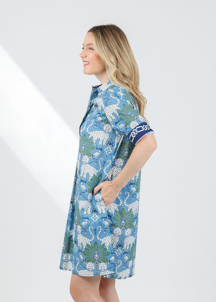 Dizzy-Lizzie Chatham Dress in Blue Animal Print available at Barbara Katz