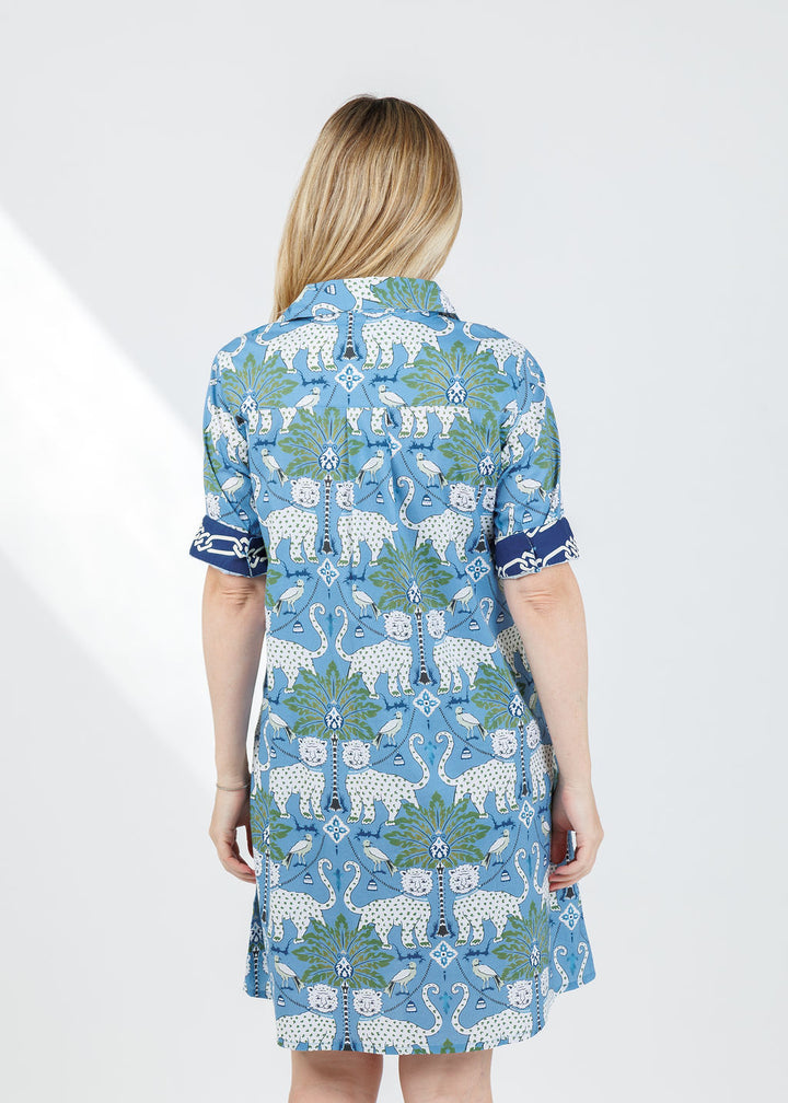 Dizzy-Lizzie Chatham Dress in Blue Animal Print available at Barbara Katz