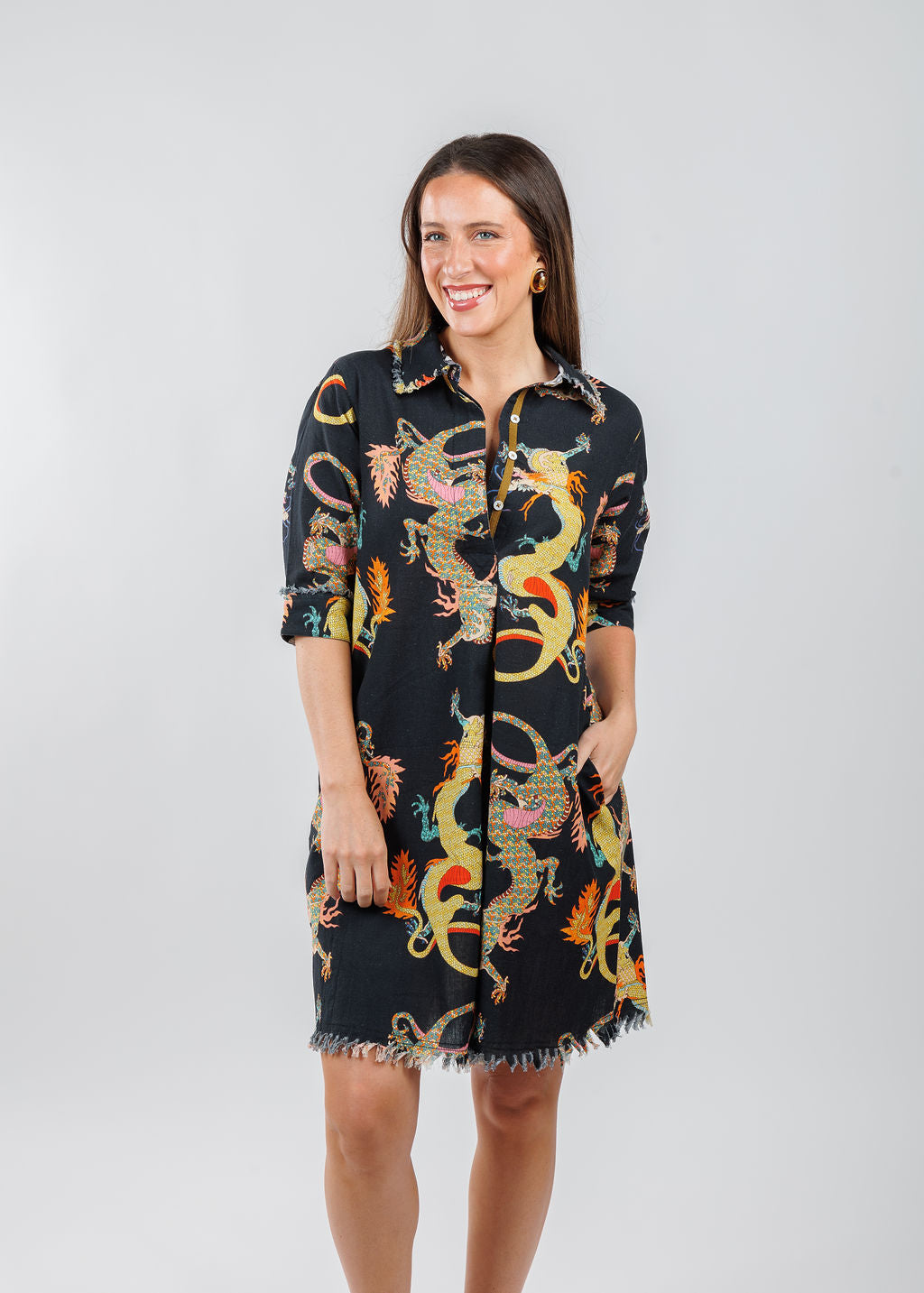 Dizzy-Lizzie Chatham Dress in Black with Dragon Print available at Barbara Katz