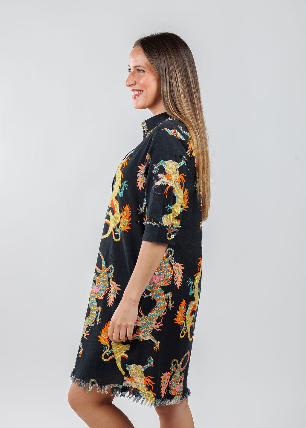 Dizzy-Lizzie Chatham Dress in Black with Dragon Print available at Barbara Katz