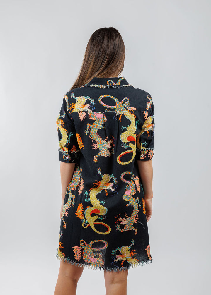 Dizzy-Lizzie Chatham Dress in Black with Dragon Print available at Barbara Katz